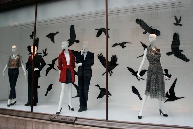 Vitrine com corvos em adesivo para decoração de Halloween