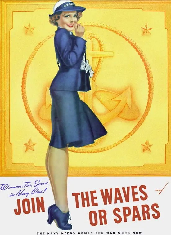 Poster com ilustração pin-up de George Petty "Waves or Spars", de 1942. Poster com ilustração pin-up de George Petty "Waves or Spars", de 1942.