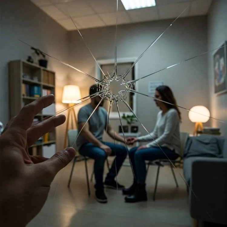 Mão próxima a um vidro estilhaçado em primeiro plano foca em um casal sentado ao fundo. Eles se encaram, segurando as mãos. A sala é iluminada por abajures, com estantes, sofá e decoração neutra ao redor.
