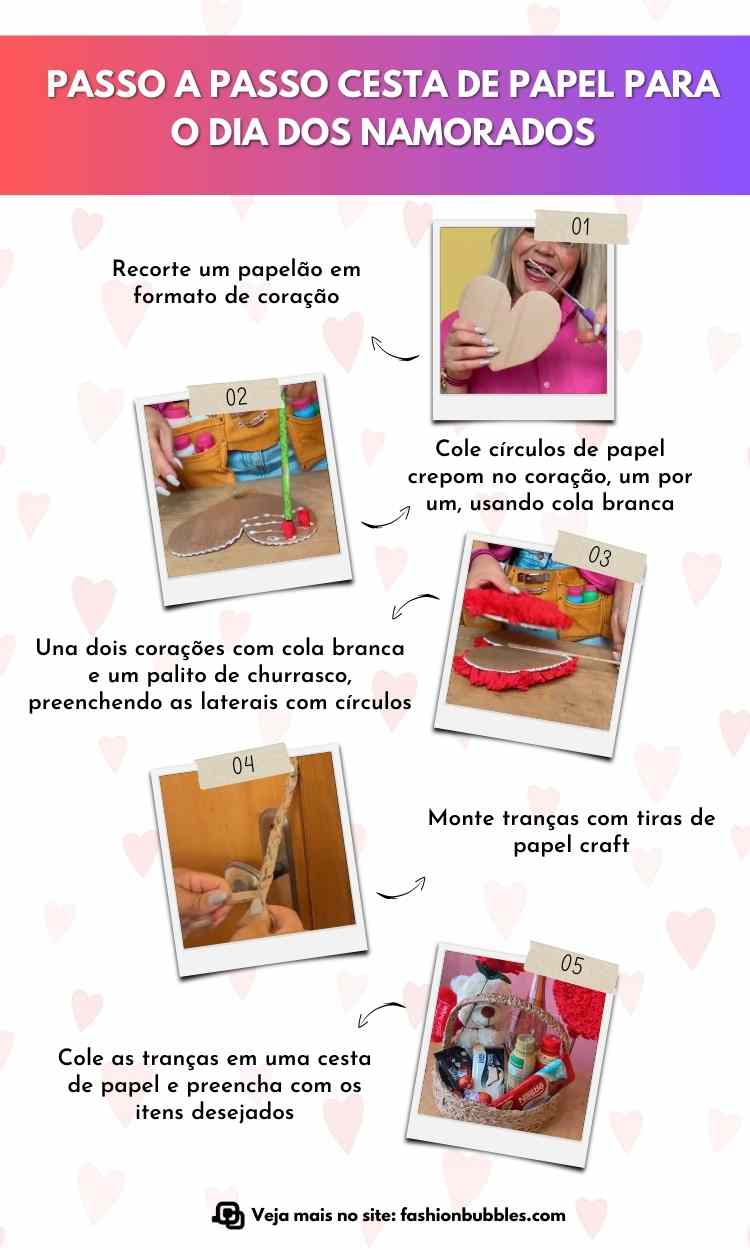 Montagem com 5 passos de como fazer cesta de papel para o Dia dos Namorados