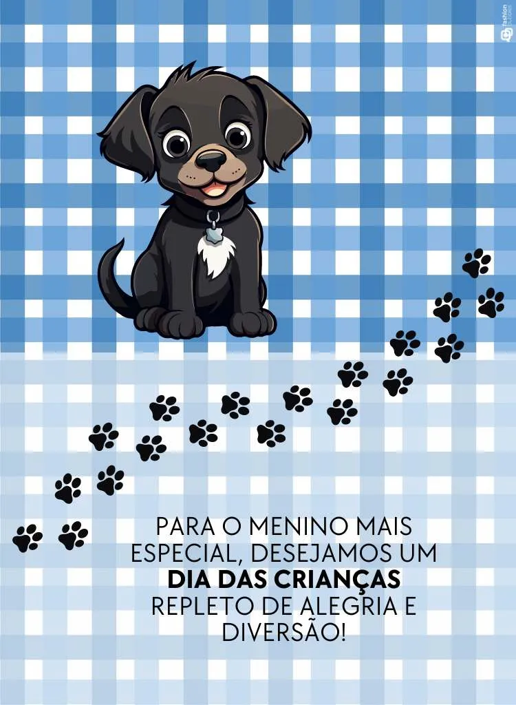 Cartão de Dia das Crianças com cachorro preto, patinhas e frase parte de dentro