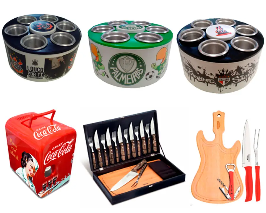 Kits de coolers de cerveja do Corinthians, Palmeiras e São Paulo, cooler da Coca Cola e dpois kits com itens para fazer churrasco.