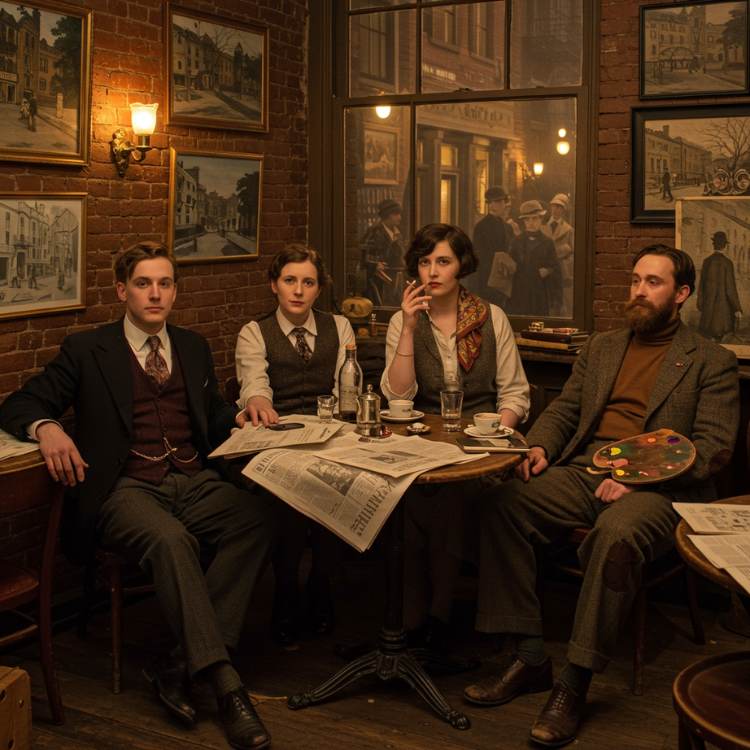 Quatro boêmios sentados em café do início do século XX. Dois homens e duas mulheres, vestidos formalmente, discutem ideias em meio a jornais e cafés. Quadros na parede e janela mostram rua movimentada de Greenwich Village.