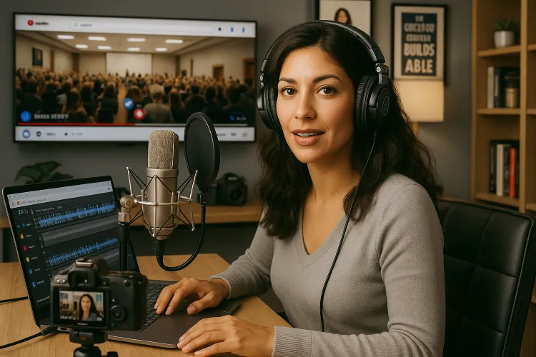 A imagem mostra uma mulher em um ambiente profissional de gravação de podcast. Ela está sentada à mesa, usando fones de ouvido pretos e um suéter cinza claro. À frente dela, há um microfone de alta qualidade em um suporte. Um laptop com software de edição de áudio está aberto na mesa. Na frente dela, uma câmera montada em um tripé grava ou transmite ao vivo. O fundo é cinza, com uma televisão grande mostrando uma conferência ao vivo e prateleiras com livros e itens decorativos. O ambiente é bem iluminado e organizado, refletindo profissionalismo e conforto.
