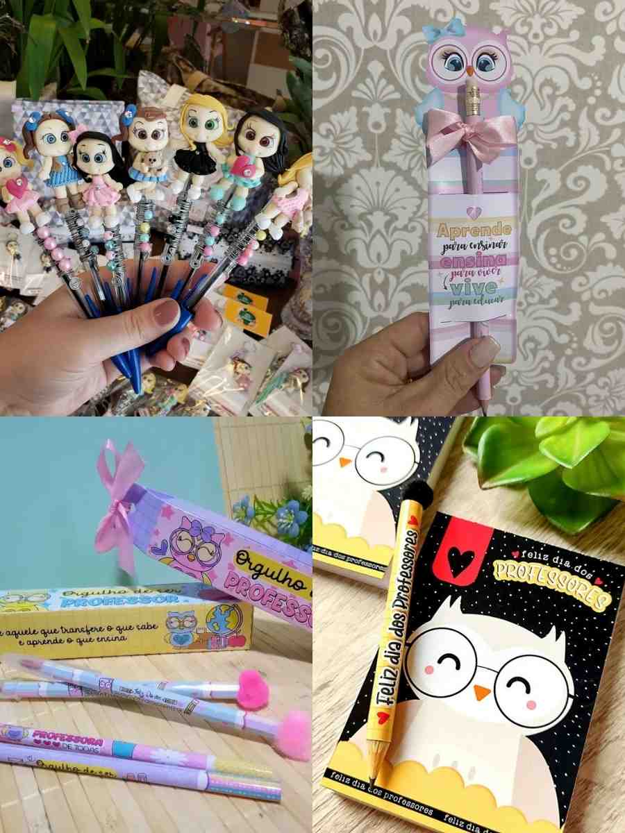 4 imagens em 1 montagem: canetas personalizadas com biscuit, laço e pompom.
