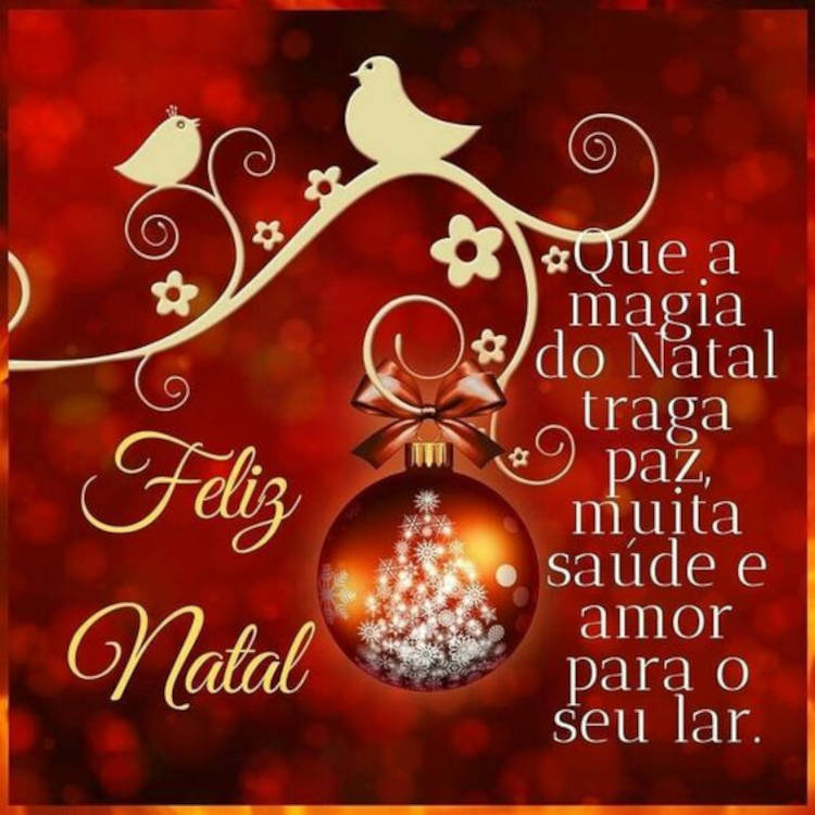 Cartão virtual de fundo vermelho com penduricalho de pássaros e flor, bola de Natal e frase: Que a magia do Natal traga paz, muita saúde e amor para o seu lar. 