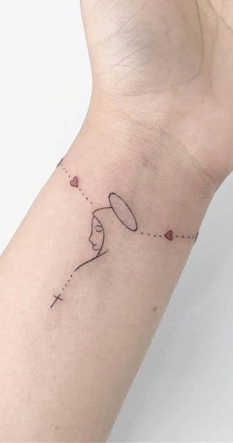Bracelete de terço com coração e Nossa Senhora 