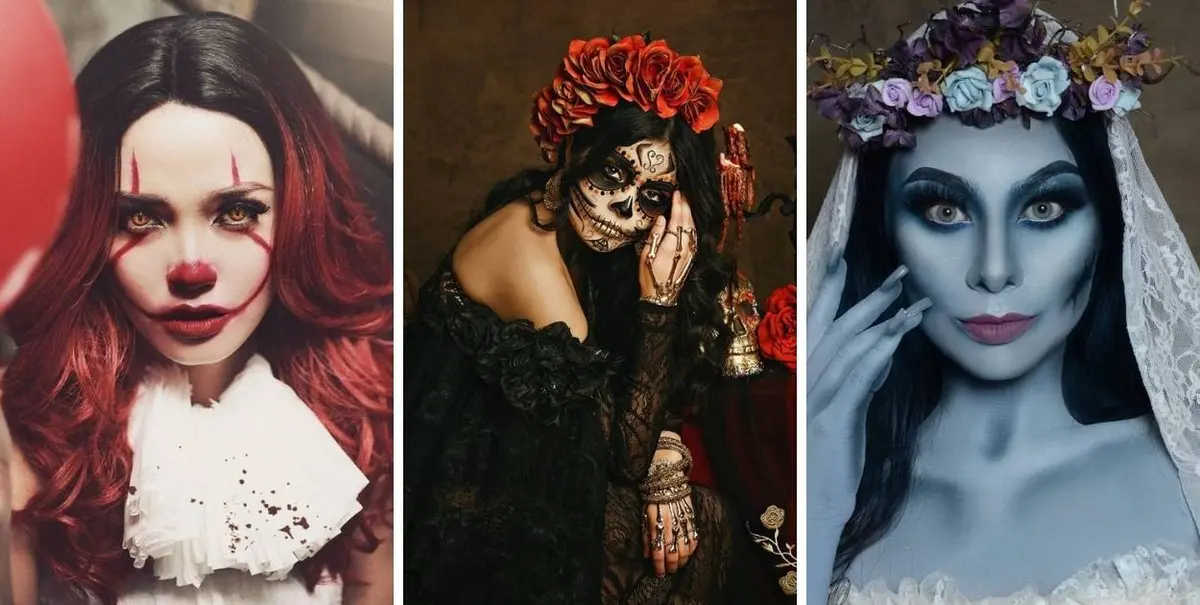 Montagem com 3 fotos de mulheres fantasiadas, uma de palhaço IT, outra de caveira mexicana e outra de Noiva Cadáver