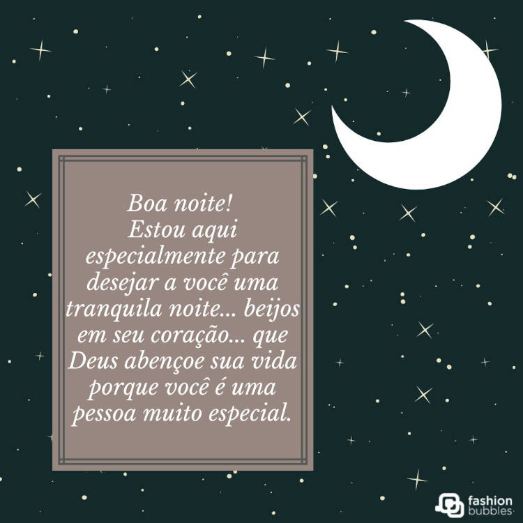 Cartão virtual de fundo azul escuro com desenho de estrelas brancas, lua e quadro roxo com frase "Boa noite! Estou aqui especialmente para desejar a você uma tranquila noite... beijos em seu coração... que Deus abençoe sua vida porque você é uma pessoa muito especial."