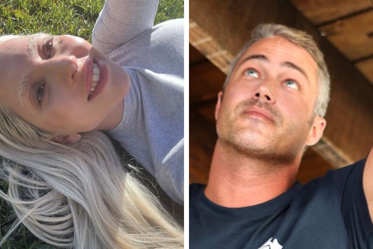 Uma montagem com duas fotos: à esquerda, Lady Gaga loira sorrindo deitada na grama, usando blusa cinza; à direita, Taylor Kinney de cabelos curtos olhando para cima, em ambiente de madeira, vestindo camiseta azul.





