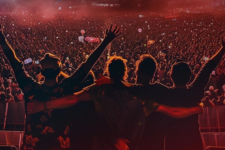 4 pessoas de costas abraçadas em um palco com vista para milhares de pessoas