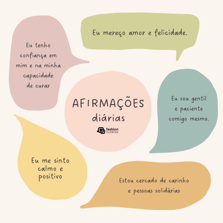 Cinco afirmações diárias em balões de fala coloridos em fundo nude.

