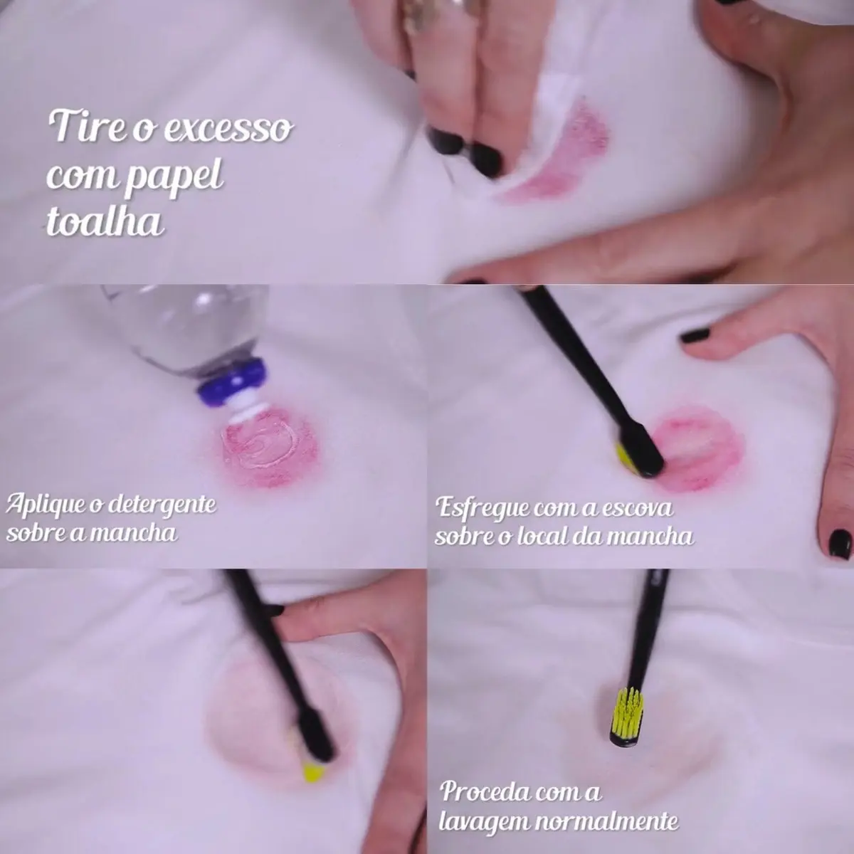 Passo a passo removendo batom de roupa