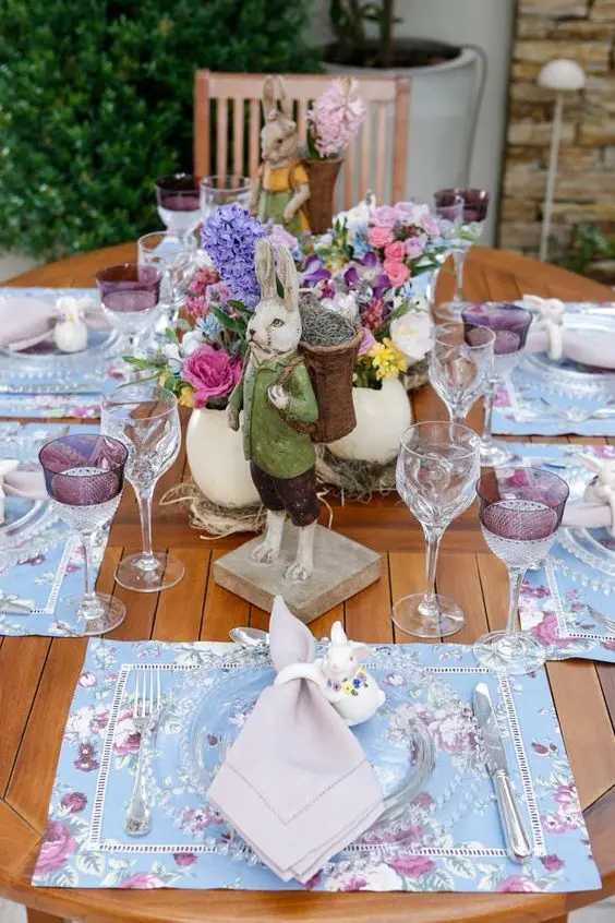  mesa posta de Páscoa conjunto americano Florido e decoração de Páscoa no centro colorida