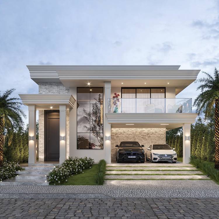 Fachada de casa moderna de dois andares com uma garagem, dois carros e um jardim na frente. A casa tem uma combinação de paredes brancas e detalhes em pedra, dando-lhe uma estética contemporânea. Há uma garagem no lado direito da casa abrigando dois carros estacionados. Um jardim bem cuidado inclui grama, arbustos e árvores altas que adicionam ao charme da casa. A entrada tem uma porta escura ladeada por janelas de vidro e é realçada por iluminação externa que projeta brilhos suaves no caminho que leva a ela. O segundo andar tem grandes janelas de vidro e uma varanda oferecendo vistas dos arredores.