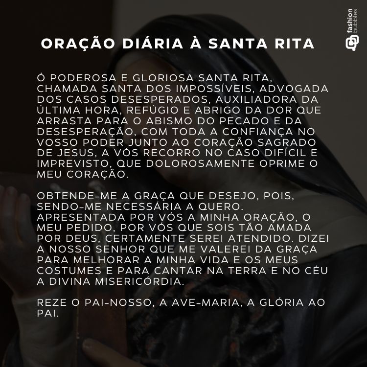 Imagem com o texto da oração diária à Santa Rita em destaque, sobre um fundo desfocado que mostra uma estátua da Santa segurando um crucifixo.