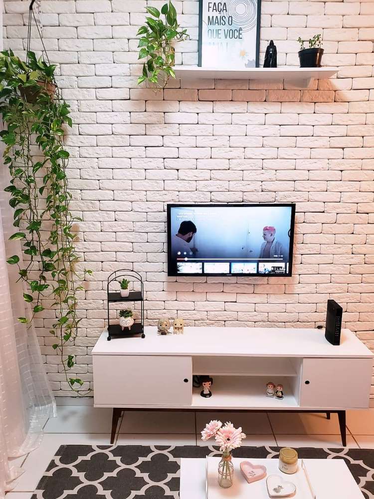 Sala de estar branca com rack branco, televisão e jiboia pendente no canto superior esquerdo.