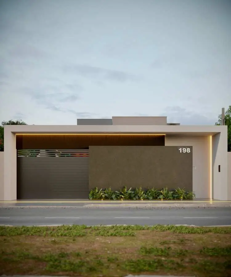 Fachada minimalista com design contemporâneo. Muro frontal em tom escuro, portão cinza ripado, iluminação embutida destacando linhas retas, número "198" em branco. Paisagismo moderno com plantas verdes na base, moldura externa clara e céu parcialmente nublado ao fundo.