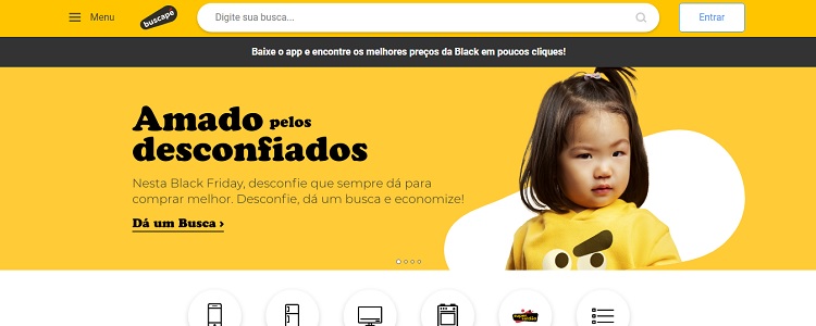 captura de tela do Buscapé, site para economizar na Black Friday, em tons de amarelo, com descrição do site da Black Friday e foto de criança de origem asiática 