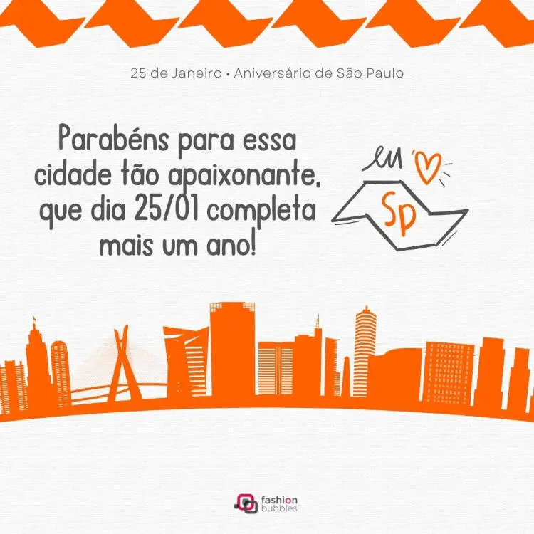 Cartão virtual de fundo bege com desenho de prédios em laranja e frase: Parabéns para essa cidade tão apaixonante, que dia 25/01 completa mais um ano!