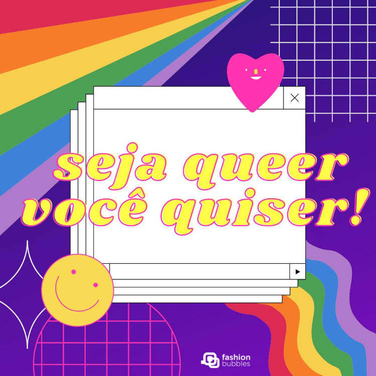 Cartão virtual de fundo roxo com emojis, estrelas, faixas coloridas, retângulos brancos e frase "seja queer você quiser!"
