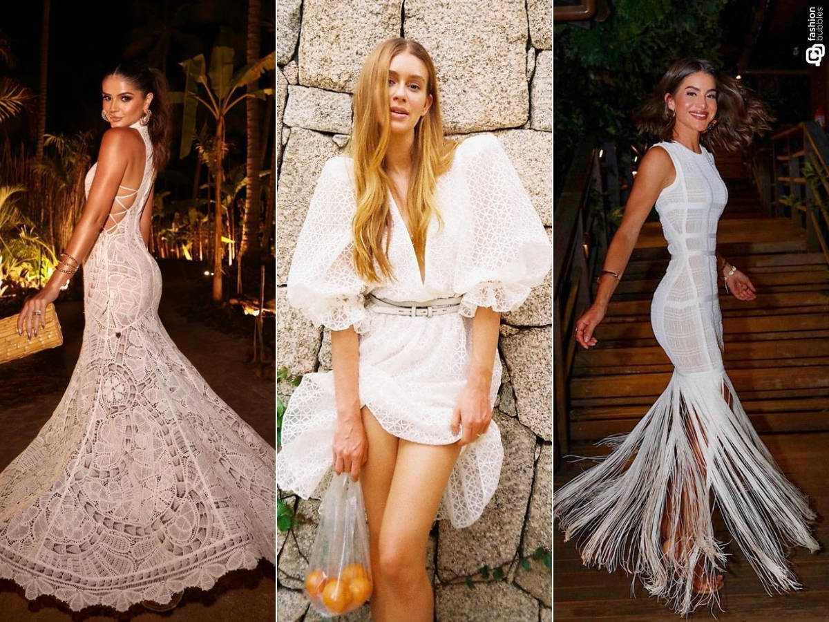 Montagem de três fotos: primeira, da Thassia Naves com vestido rendado, segunda com a Marina Ruy Barbosa com vestido de mangas bufantes e terceira modelo com vestido de franjas