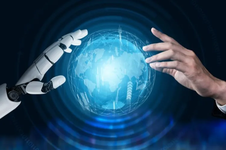 Mão de robô e de humano em direção a um mundo