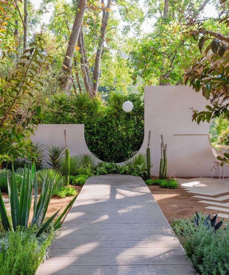 A imagem apresenta um jardim moderno com um caminho de madeira cercado por plantas suculentas e cactos. Ao fundo, uma parede curva com recortes decorativos complementa a vista de árvores altas e folhagem densa, criando um ambiente tranquilo.