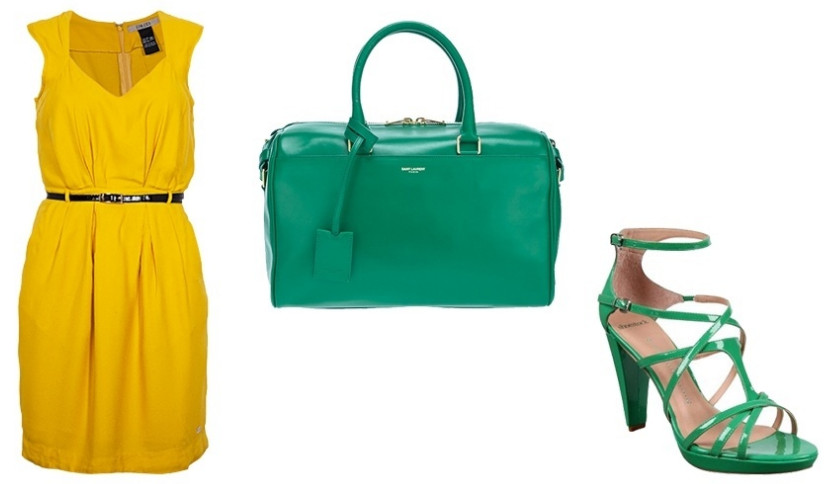 Vestido curto amarelo e acessórios verdes.