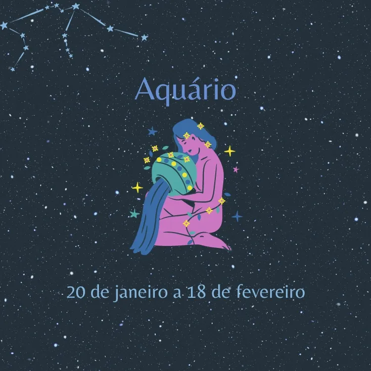 fundo estrelado com o símbolo e as datas do signo de Aquário