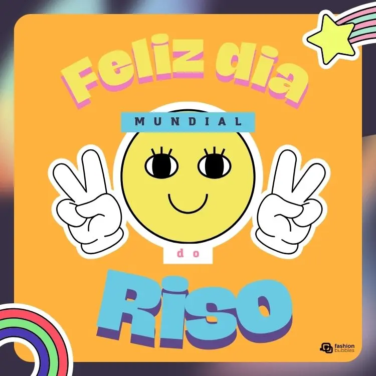 Card de fundo amarelo com emoji sorrindo e "feliz dia mundial do riso"