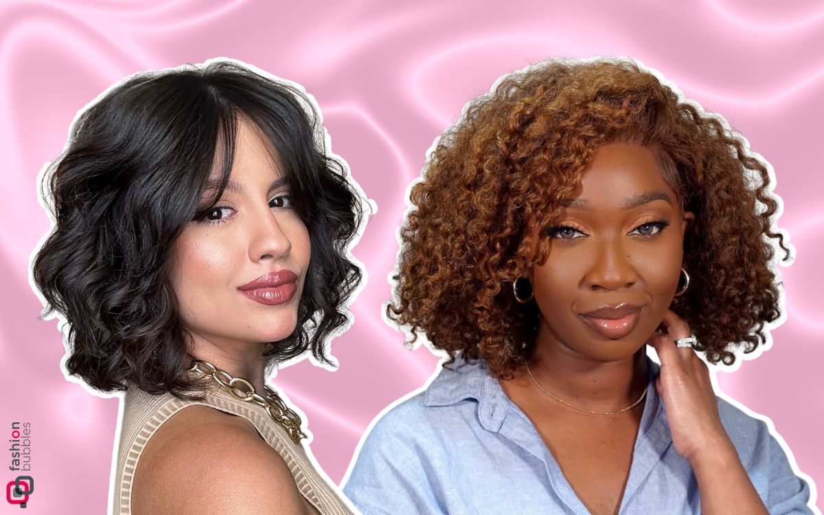 fundo rosa com foto de duas mulheres usando cabelo chanel, uma com curtain bangs e a outra com franja lateral