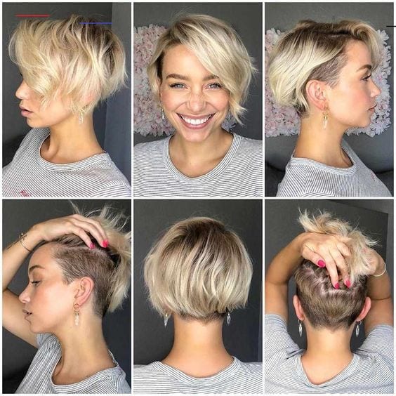 6 fotos da mesma pessoa com corte de cabelo feminino curto e raspado nas laterais