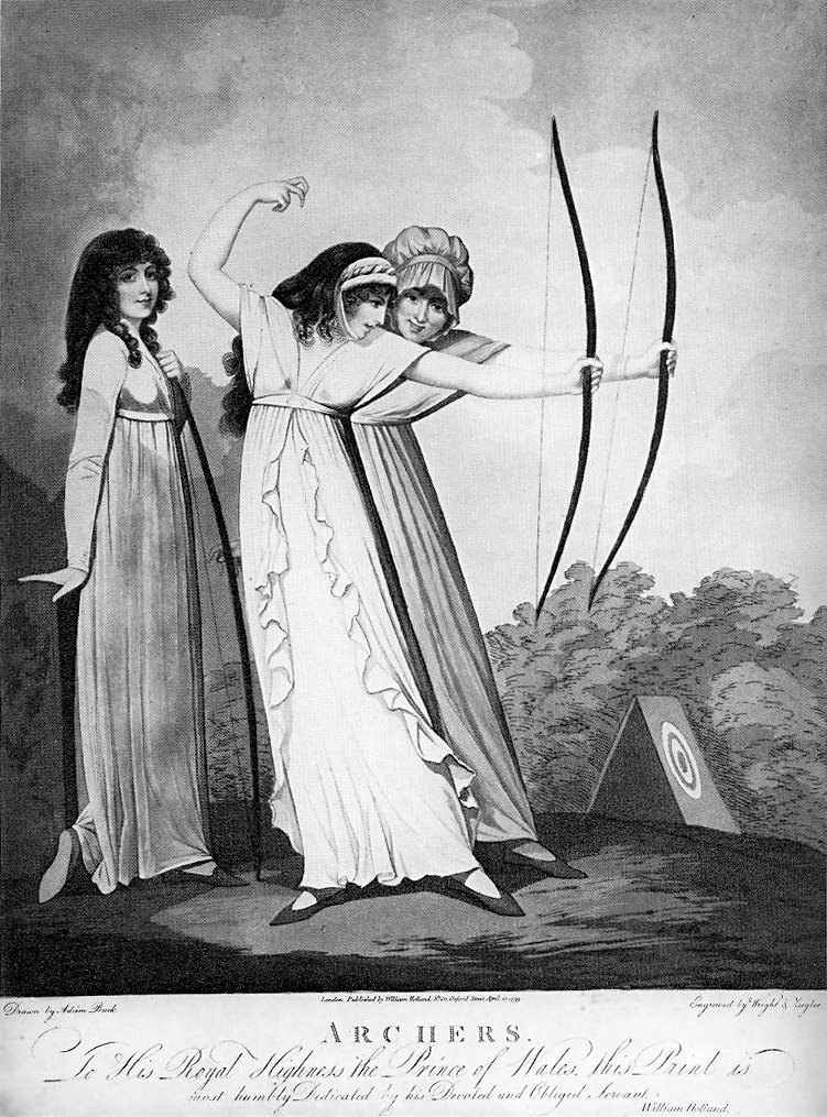 Desenho de três arqueiras com a moda império de 1799.