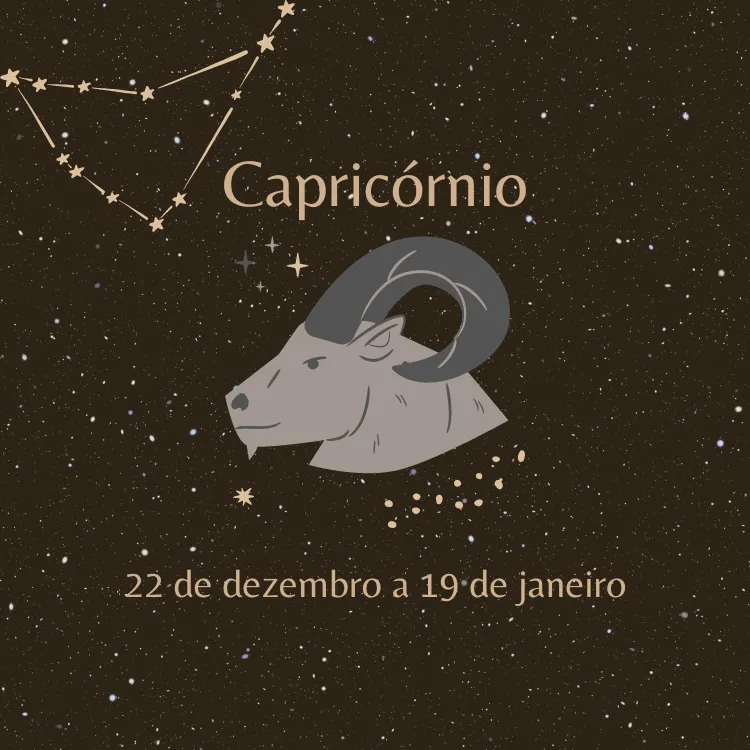 fundo estrelado com o símbolo e as datas do signo de Capricórnio