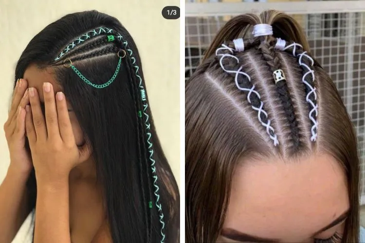 Montagem dois estilos de trança nagô em cabelo liso, com fios de seda colorido e joias