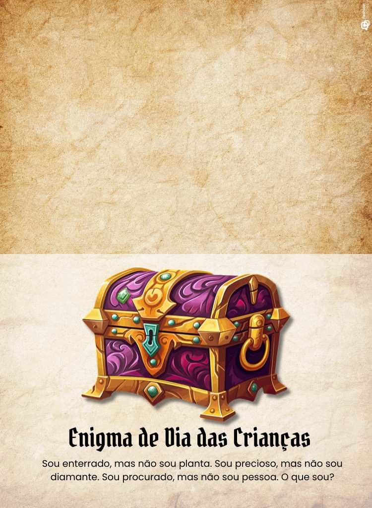 Frente e verso do cartão dobrável Enigma de Dia das Crianças, com desenho de baú