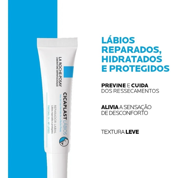 Card azul e branco com Cicaplast Lábios, La Roche-Posay e descrição do produto 