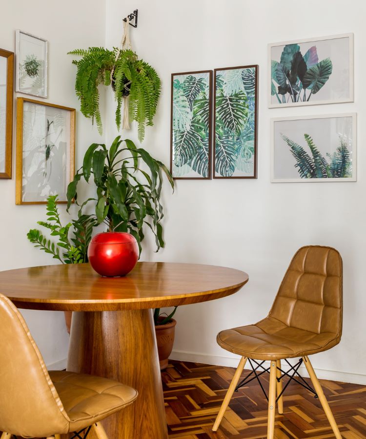A imagem mostra uma cena interior focada em uma pequena área de jantar. No centro, há uma mesa redonda de madeira com uma superfície lisa e polida. Sobre a mesa, há um vaso ou fruteira brilhante e vermelha. Duas cadeiras com estofado de couro marrom e pernas de madeira estão posicionadas ao redor da mesa, uma empurrada para dentro e outra ligeiramente puxada para fora, como se alguém tivesse acabado de se levantar.

O piso apresenta um padrão intrincado de espinha de peixe feito de madeira clara e escura. A parede atrás do conjunto de jantar é adornada com obras de arte emolduradas; há seis quadros no total, exibindo várias ilustrações botânicas que incluem folhas verdes e motivos de plantas. Acima das obras de arte, há uma planta pendurada com folhagem verde exuberante caindo. No canto dessa parede, no chão, há outras plantas em vasos, dentre elas, uma sendo a zamioculca