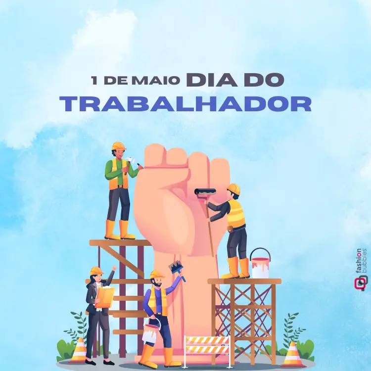 Ilustração em homenagem ao Dia do Trabalhador, com uma mão gigante em punho no centro, simbolizando força. Quatro trabalhadores em capacetes atuam em andaimes, pintando e planejando. Fundo azul claro, texto "1 de maio Dia do Trabalhador".






