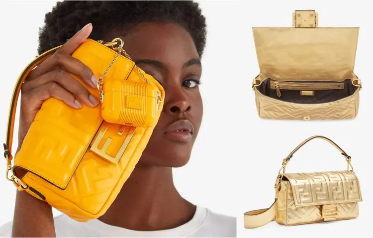Modelo negra veste camiseta branca segura bolsa Baguette Fendi amarela. Fotos ao lado modelo da bolsa Baguette Fendi cor dourada , vista da bolsa aberta e fechada.