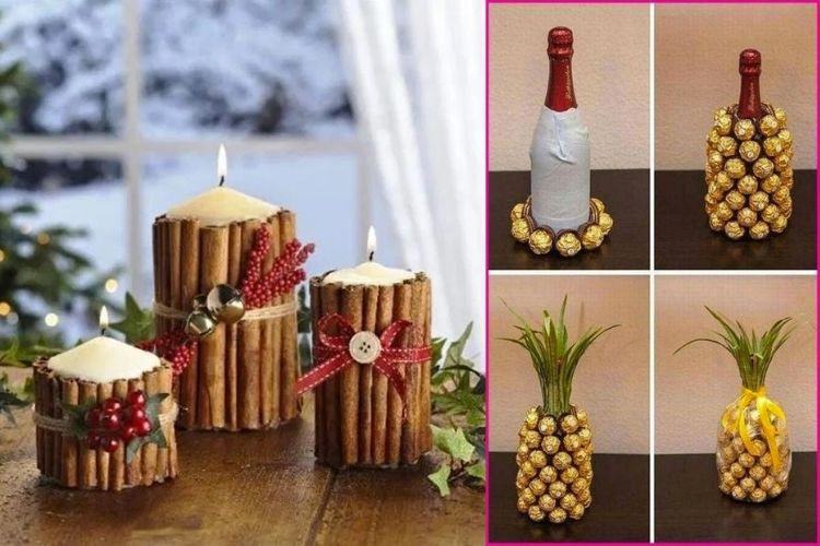 Presentes de Natal Do It Yourself - Velas e árvores Montagem com fotos de velas decoradas com canela e passo a passo de abacaxi feito com embalagem de champanhe e ferrero rocher