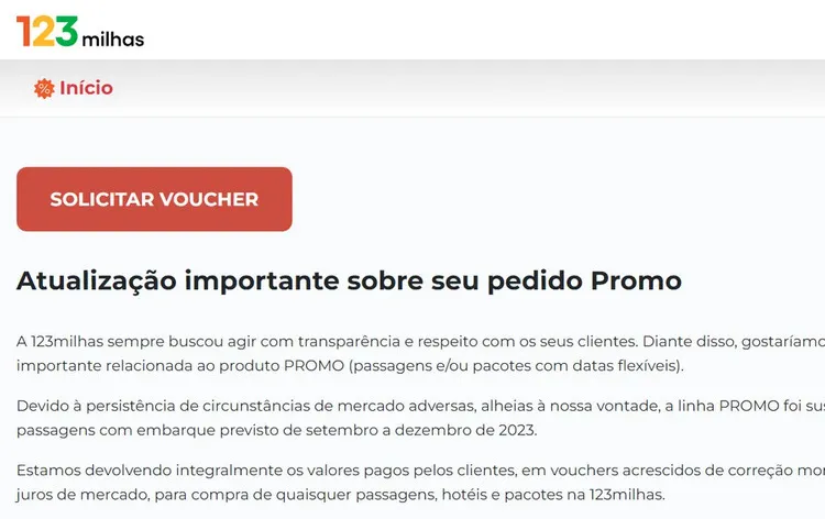 nota sobre cancelamento de pacotes promocionais da 123 milhas