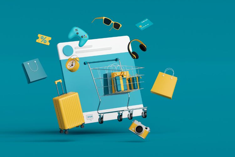 fundo azul com desenhos representando compra online de produtos como mala, câmera fotográfica, fone de ouvido e óculos de sol