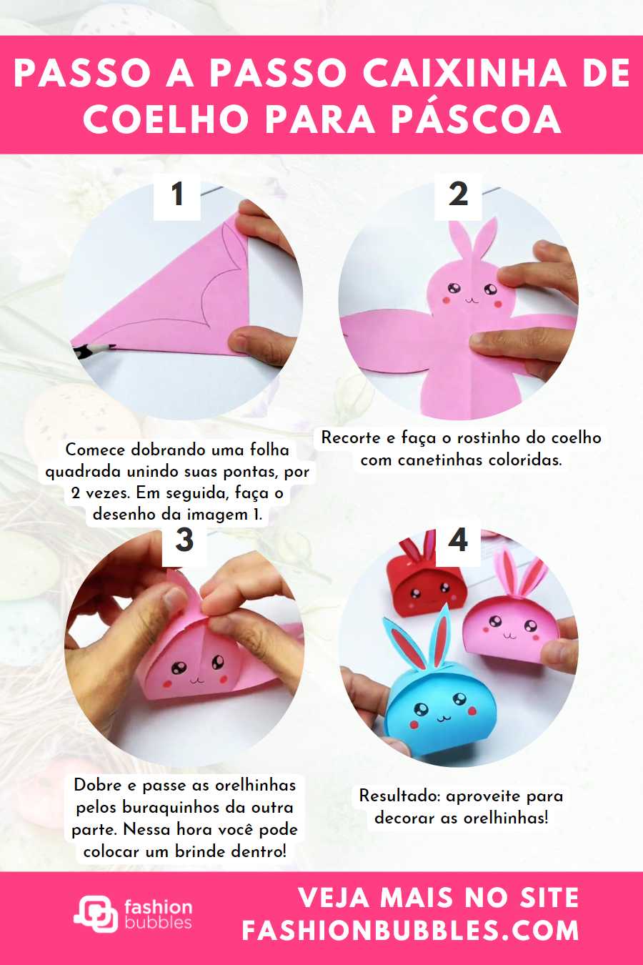Montagem com 4 passos de como fazer caixinha de Páscoa com formato de coelhinho.
