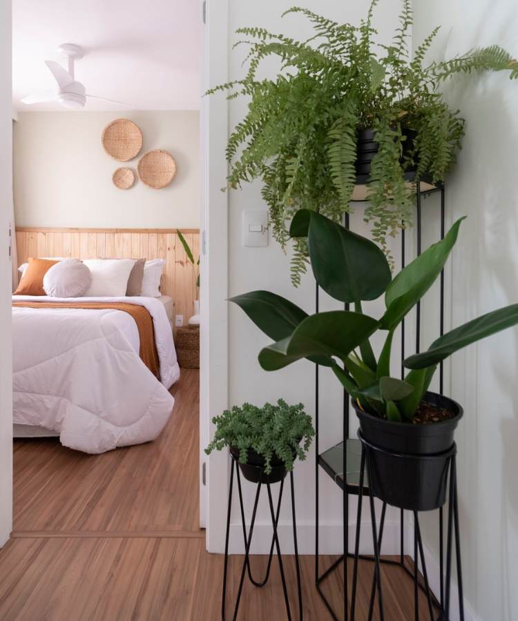 Plantas em suportes em canto de cada com porta aberta para o quarto de um casal