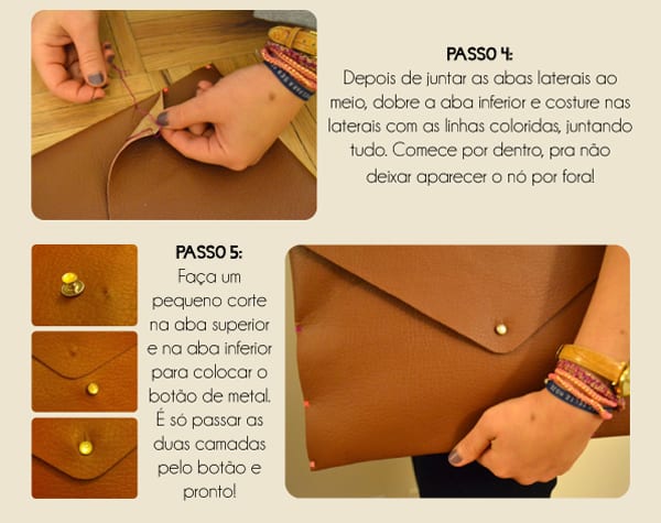 Montagem com 2 passo a passos de como fazer bolsa envelope de presente de dia das mães.