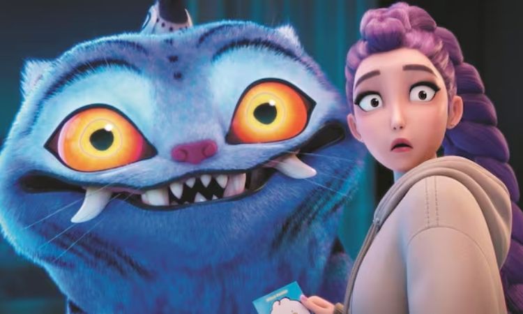 Uma avatar 3D do filme "Guerreiras do K-Pop" da Netflix, com cabelo roxo, olha chocada. Ao seu lado, uma criatura azul felpuda de olhos amarelos grandes, presas e um sorriso ameaçador, segura um cartão azul.