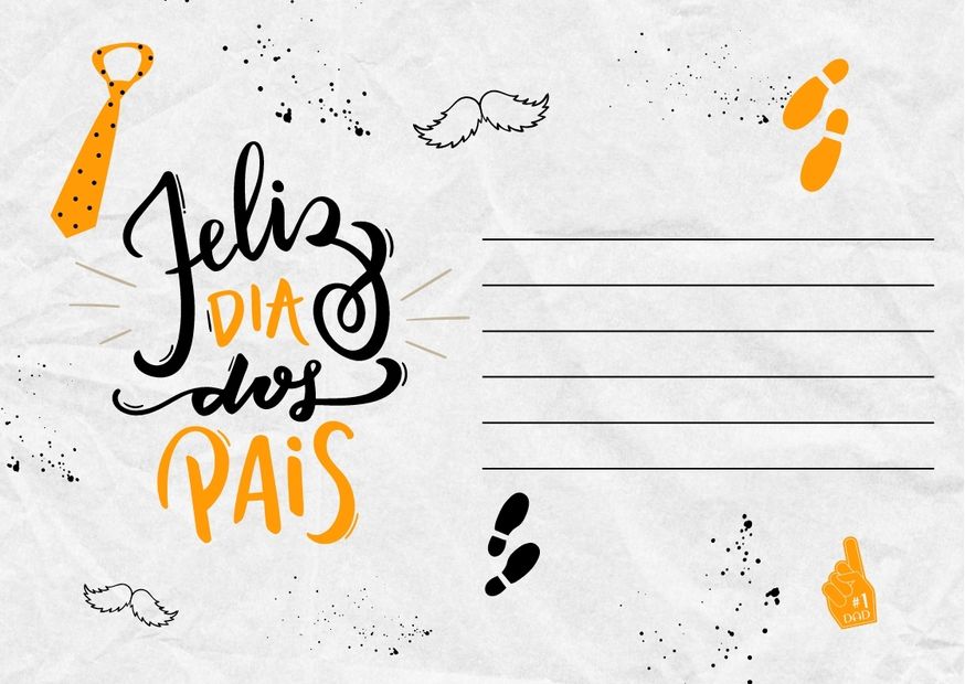 cartão para dia dos pais com fundo branco, desenho de bigode, gravata e pegadas, além de frase "feliz dia dos pais" e linhas para escrever uma mensagem 