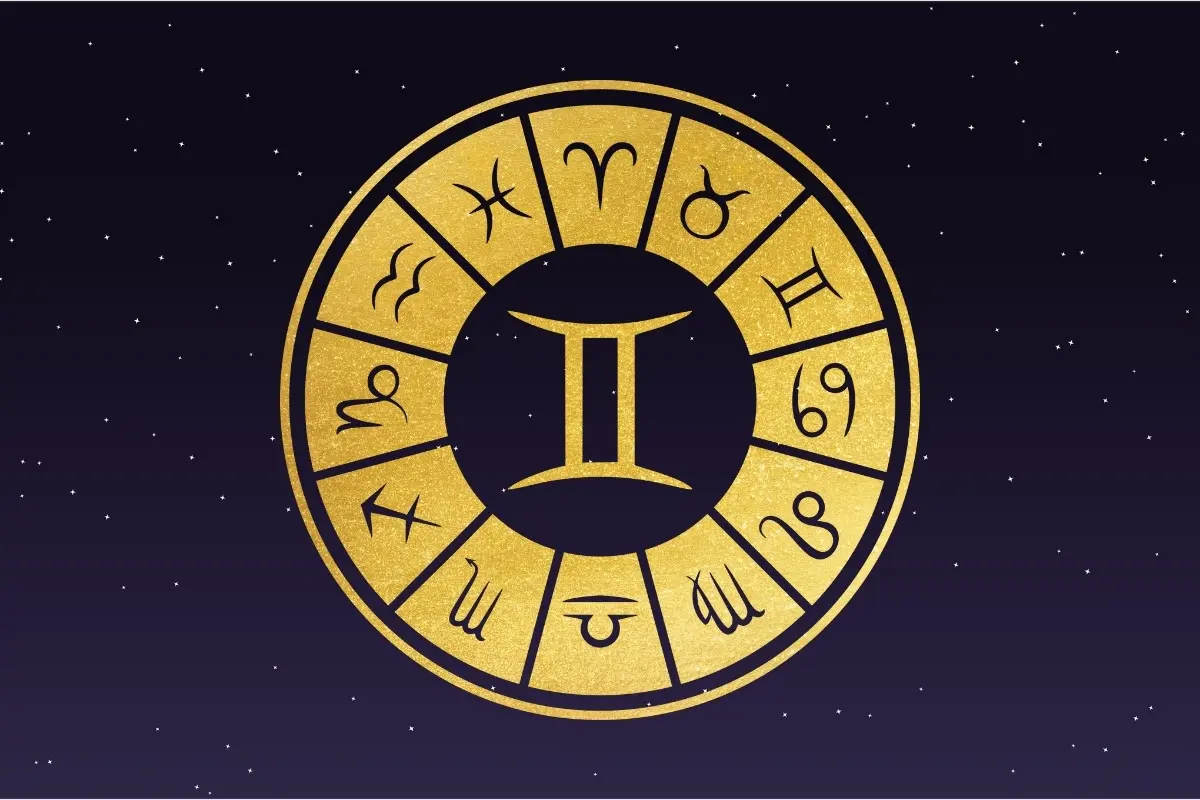 Fundo de céu estrelado com símbolo do signo de Gêmeos, horóscopo do dia de hoje